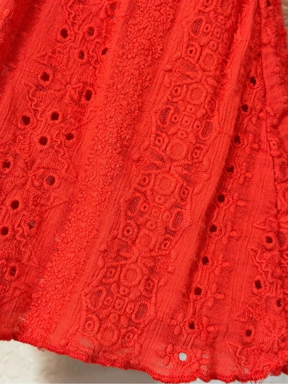 Free People Parisian Vermillion Top Embroidery Eyelet V-Neck Bell Sleeves